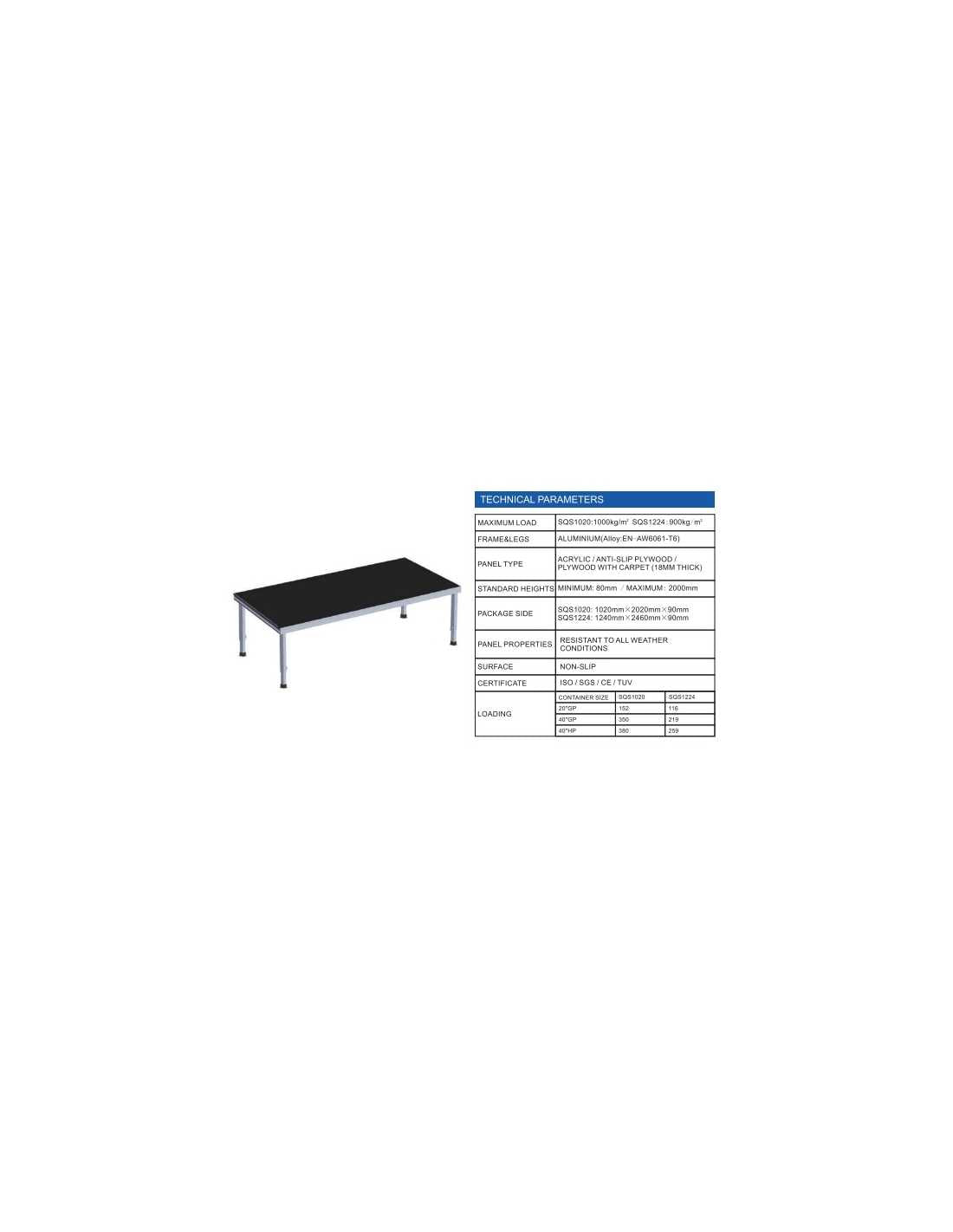 TARIMA ESCENARIO 2X1MT ALTURA AJUSTABLE 0,7 a 1,2MTS CUBIERTA ANTIDESLIZANTE