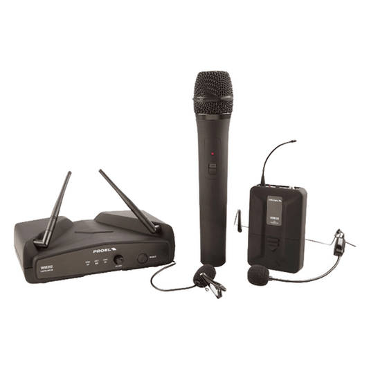 WM202KIT – Sistema Inalámbrico, Micrófono de Cabeza   Micrófono de Mano UHF